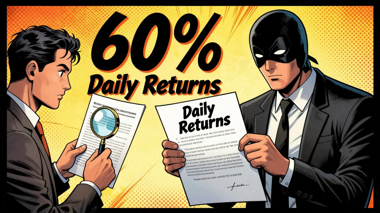 Skeptical investor confronting a masked scammer offering fake returns
