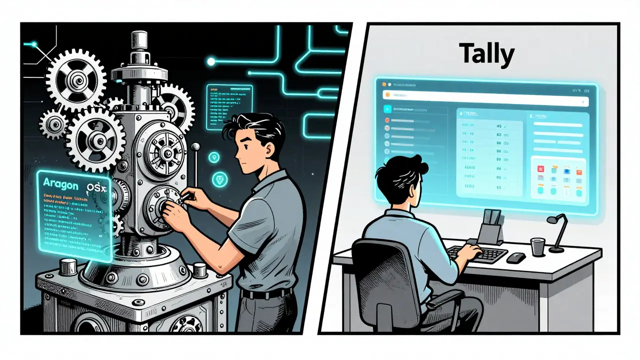 Split screen comparing complex Aragon permissions vs simple Tally interface in graphic novel art.