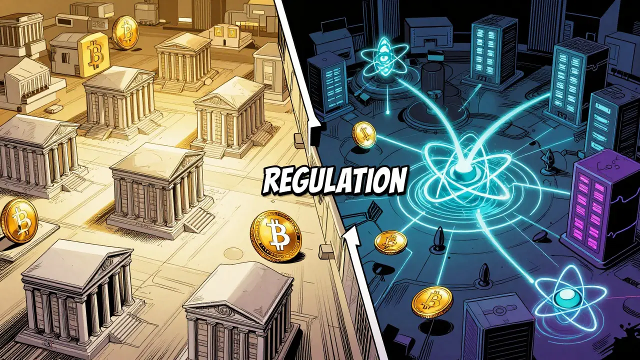 Split world showing compliant banks vs underground privacy coin networks