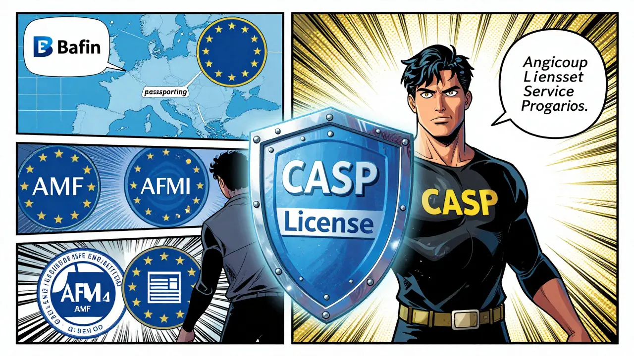 Superhero with CASP license shield protected by EU regulator emblems