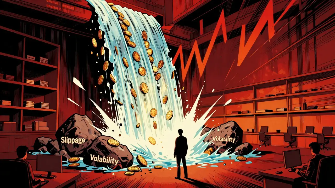 Trader facing a waterfall of coins crashing onto slippage rocks.