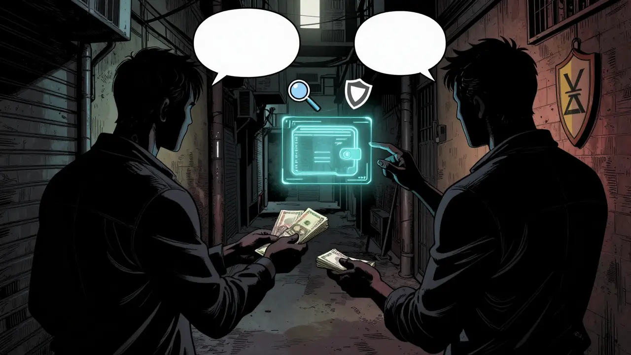 Two people exchanging cash for crypto in a shadowy alleyway