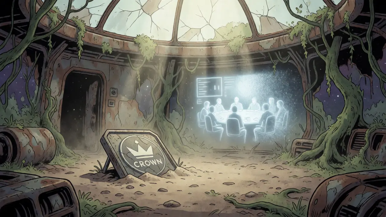 A derelict space outpost with a broken crown emblem, illustrating the project's abandonment.