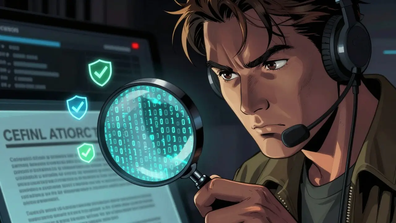 A detective using a magnifying glass to inspect a digital contract address for security risks.