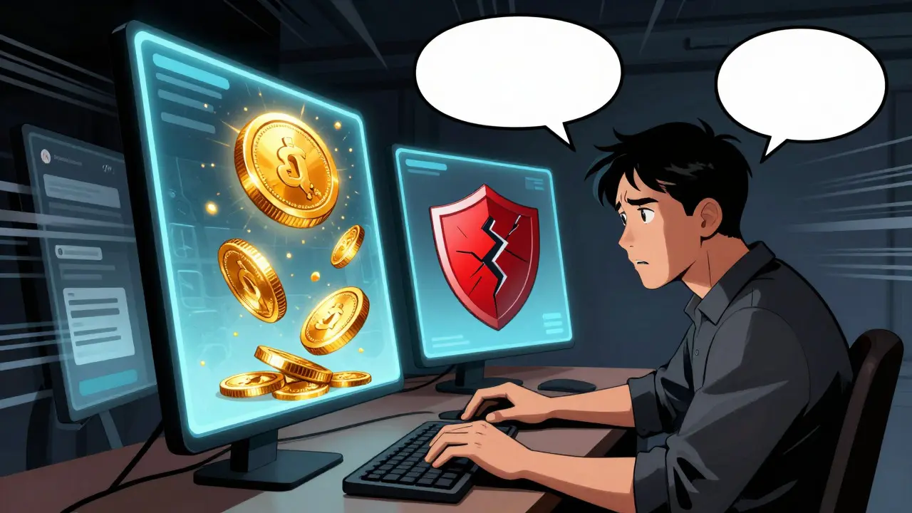 A hesitant user at a desk facing a tempting digital airdrop offer amidst warning signs.