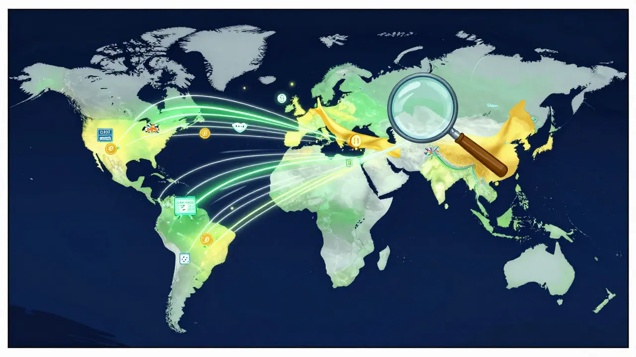 A stylized world map showing data streams flowing from the UAE to other countries