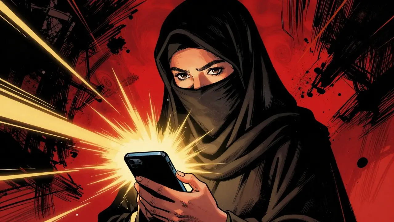 Afghan woman holding phone as symbol of financial freedom