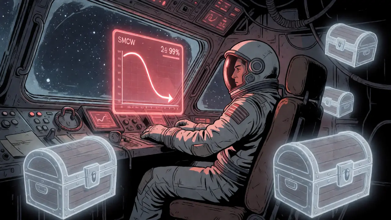 An astronaut in a dim cockpit looking at a crashing red stock chart, symbolizing token value loss.