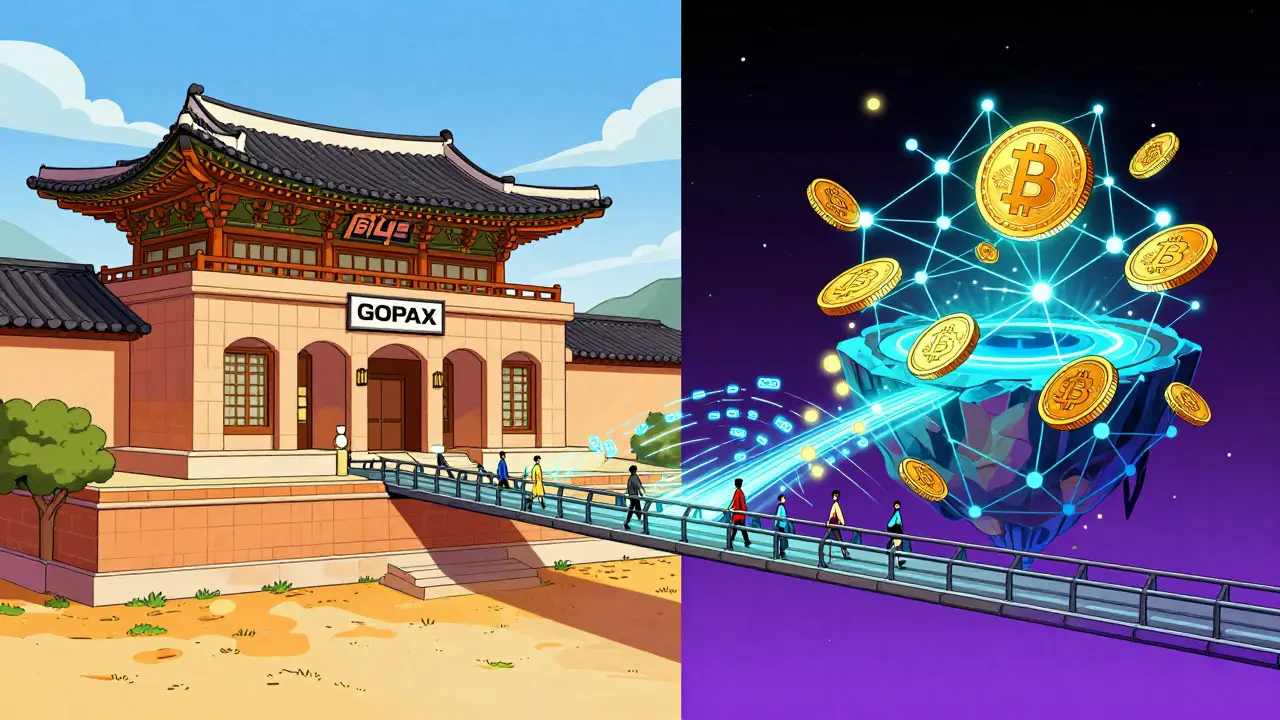 Bridge connecting Korean bank building to crypto island