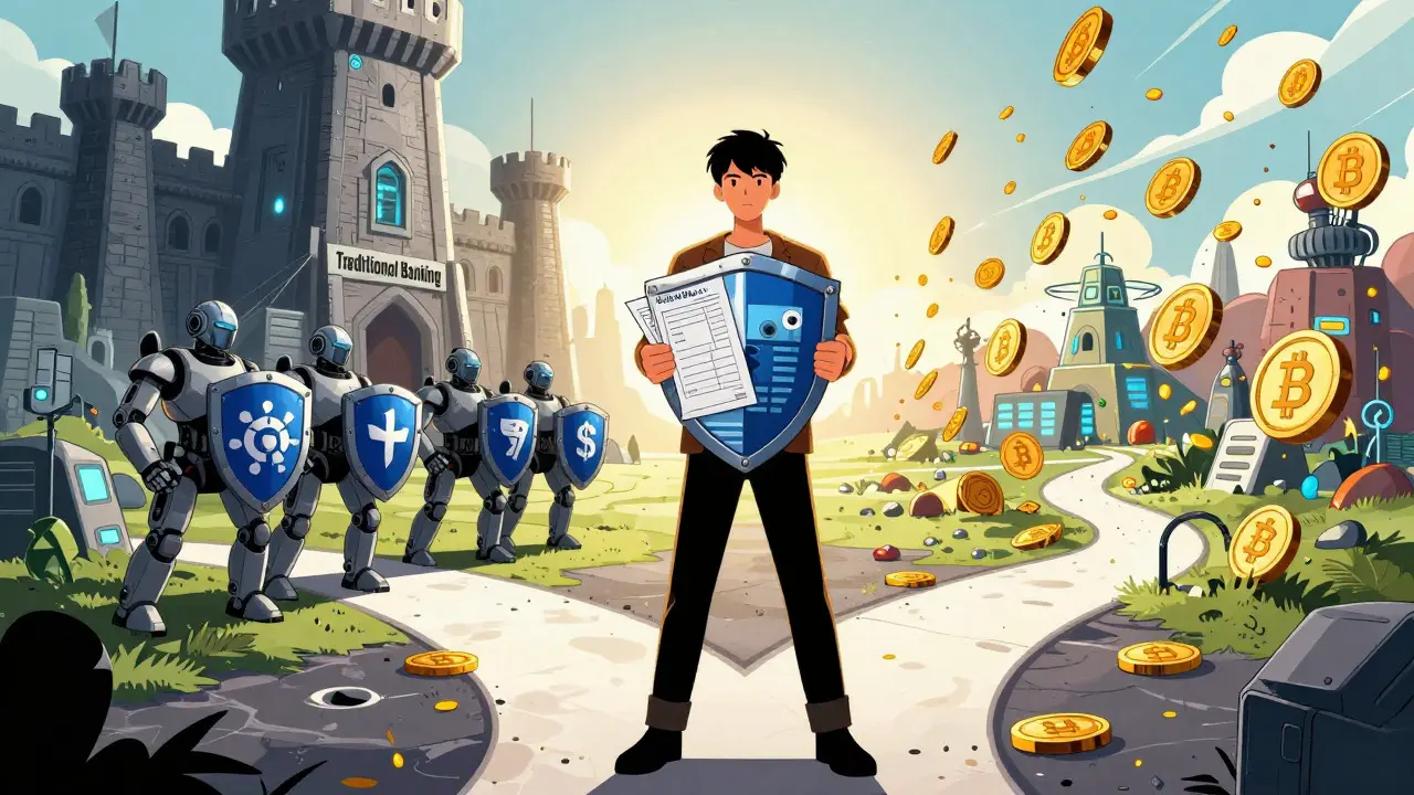 Character choosing between banking fortress and wild DeFi landscape