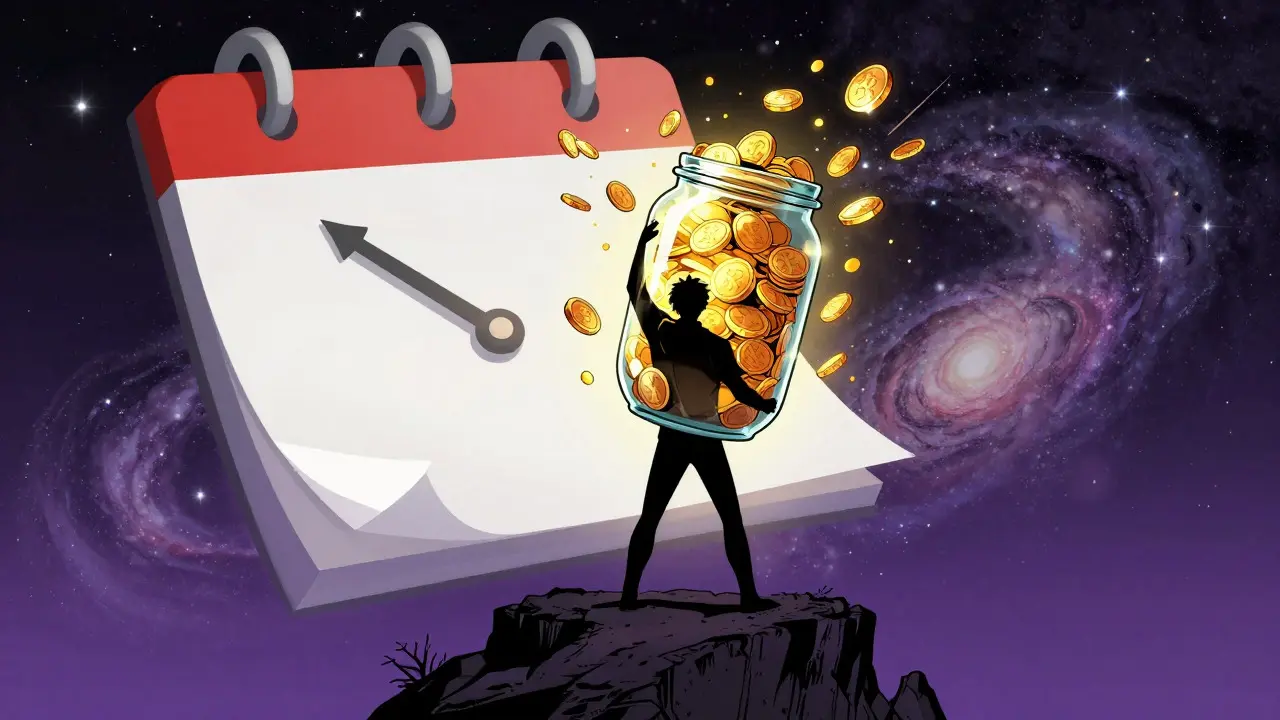 Character holding a jar of gold coins under a starry sky with a flipping calendar in a graphic novel style.