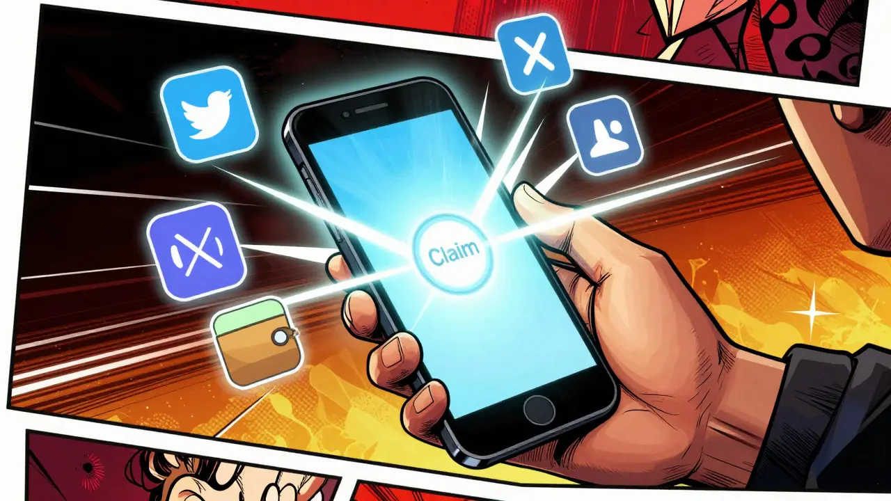 Close-up of a hand holding a phone with a glowing claim button and floating social media icons in comic style.