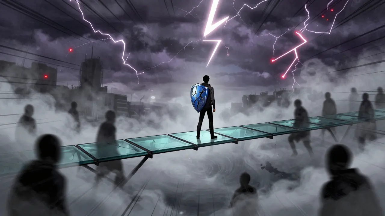 Comic book scene of a character crossing a fragile glass bridge over a misty chasm, symbolizing financial risk