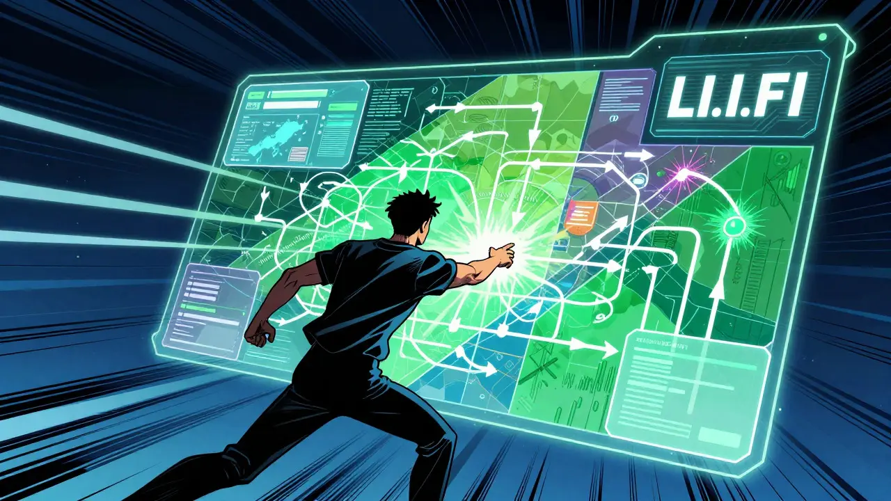 Comic book style visualization of a bridge aggregator optimizing data flows across multiple blockchain zones.