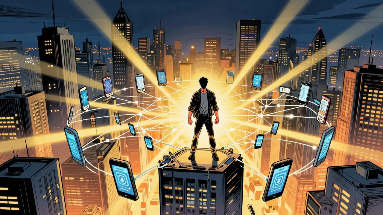 Comic style image of a person surrounded by a network of connected mobile devices