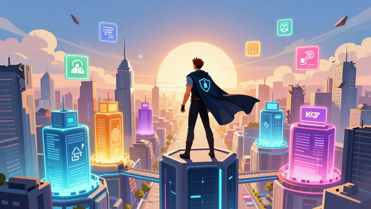Confident hero overlooking safe blockchain platforms from a skyscraper top.