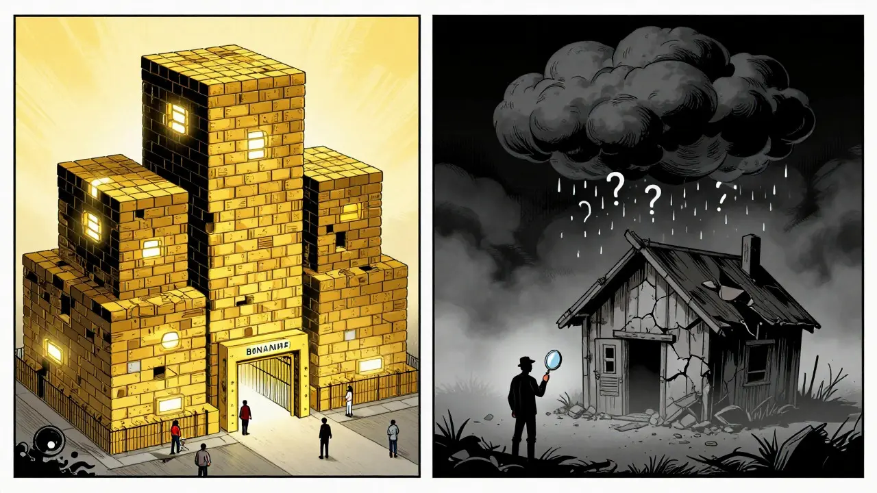 Contrast between a secure golden fortress and a crumbling shack under a foggy sky