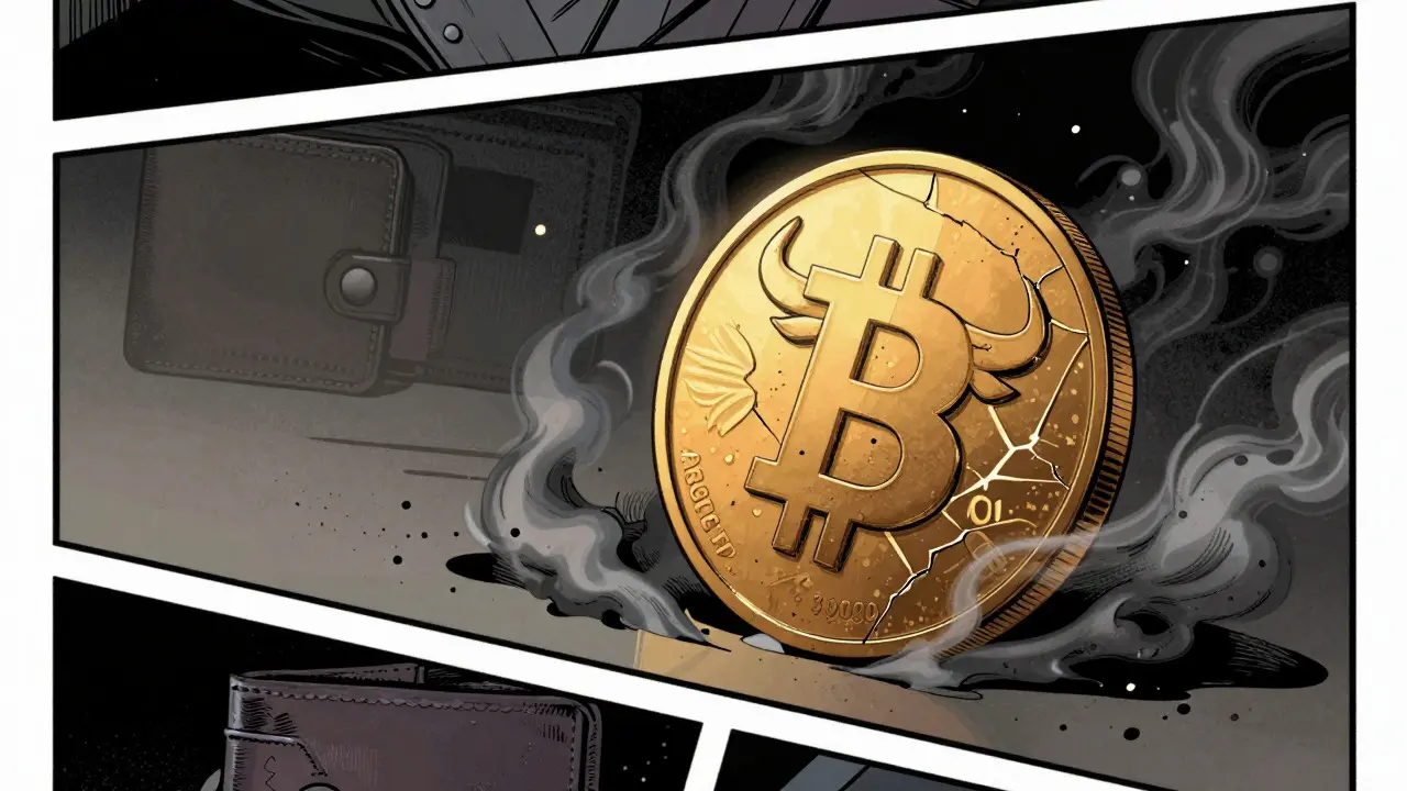 Cracked golden bull coin surrounded by dark smoke in a moody comic book panel