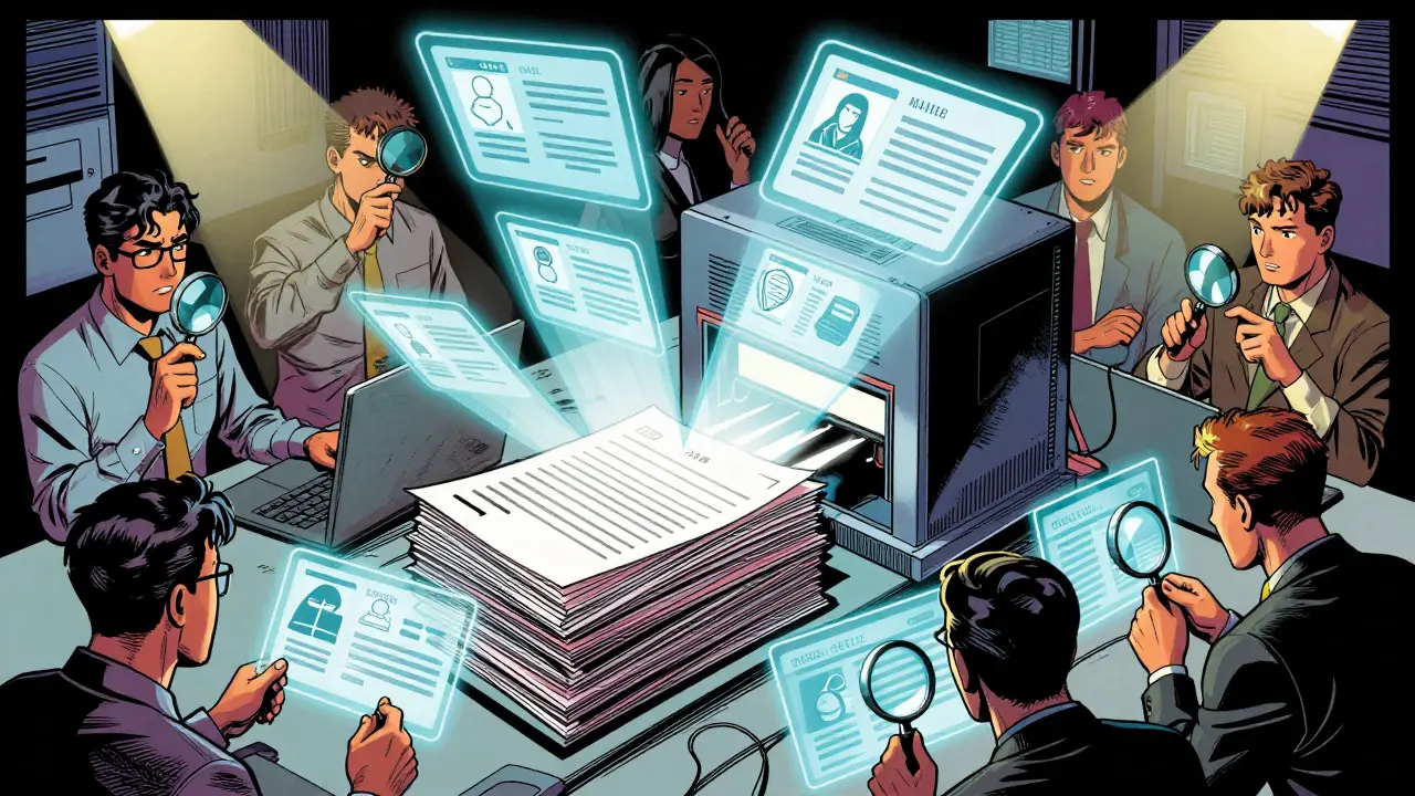 Data processing machine generating holographic financial records in a graphic novel scene
