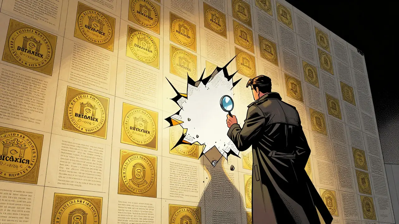 Detective examining a wall of certificates with a missing section
