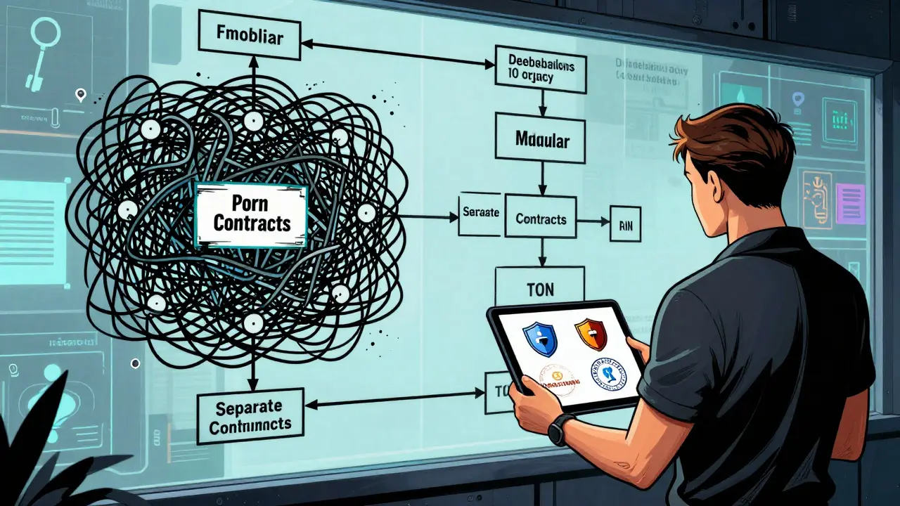 Developer analyzing modular vs embedded smart contract architectures in comic style