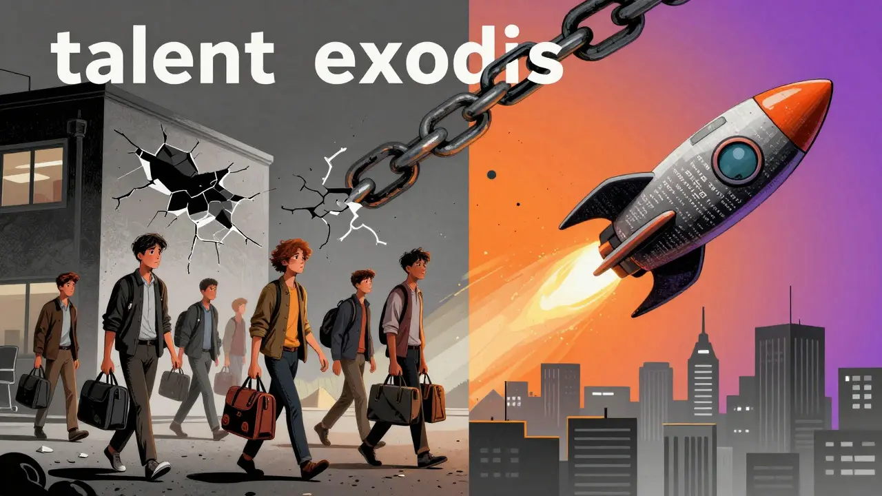 Developers leaving a city on a rocket ship made of code