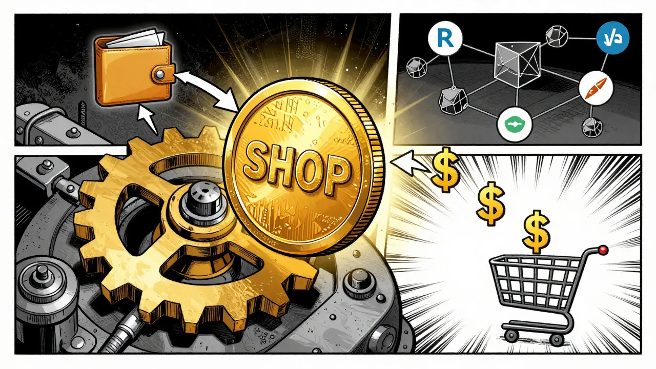 Diagram of SHOP token converting crypto to fiat for retail purchase