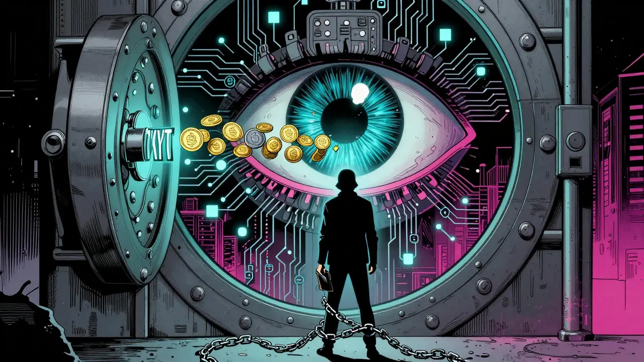 Digital eye scanning coins through KYT filter in comic book style