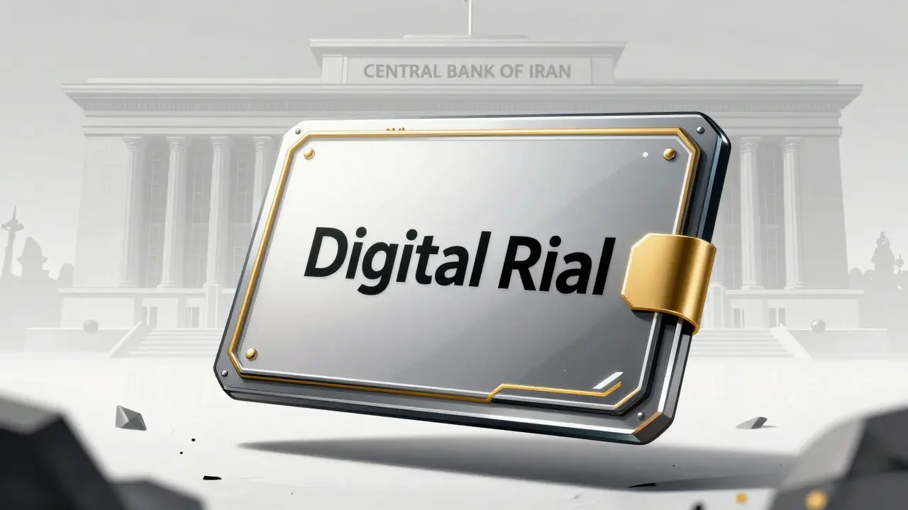 Digital Rial wallet interface with Central Bank of Iran in background