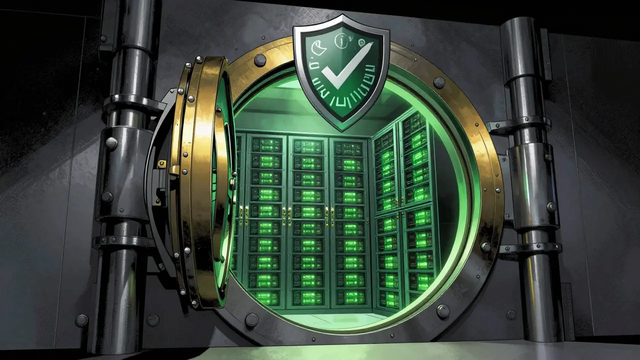 Fortified vault door revealing secure digital servers