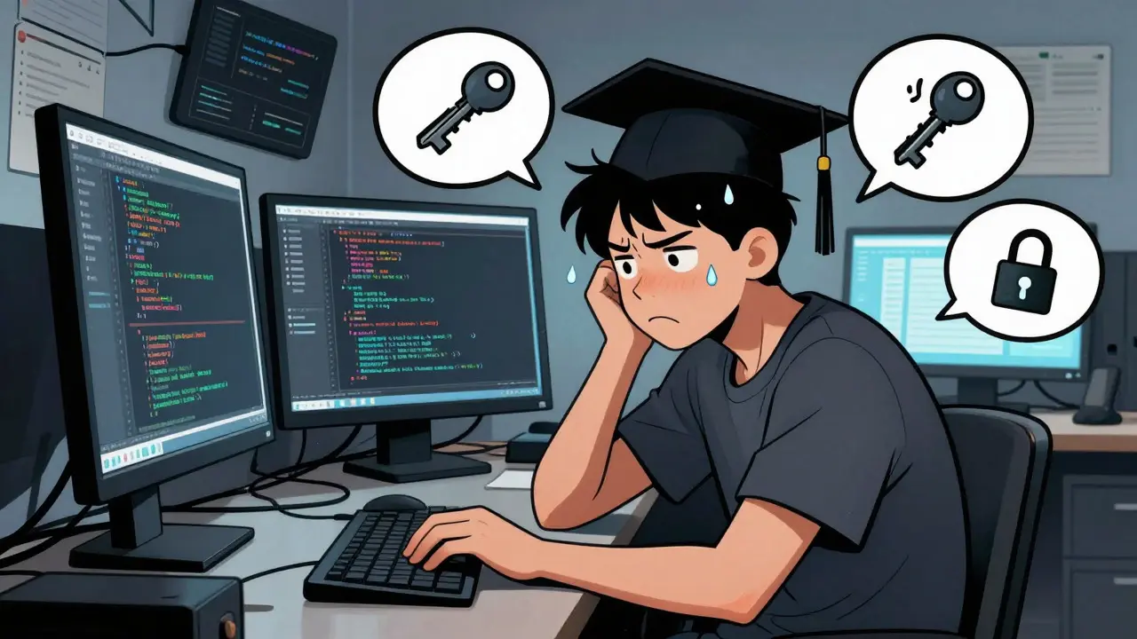Frustrated student struggles with crypto wallet setup in comic style