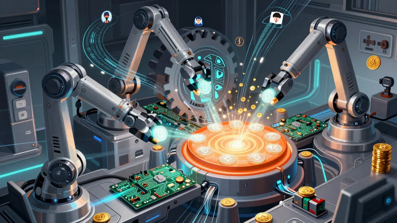 Futuristic AI workshop forging crypto tokens within the MemesForge ecosystem graphic novel scene.