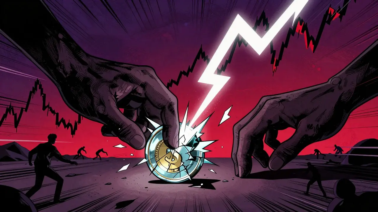 Giant hands squeezing a fragile coin amidst volatile price spikes in a comic style