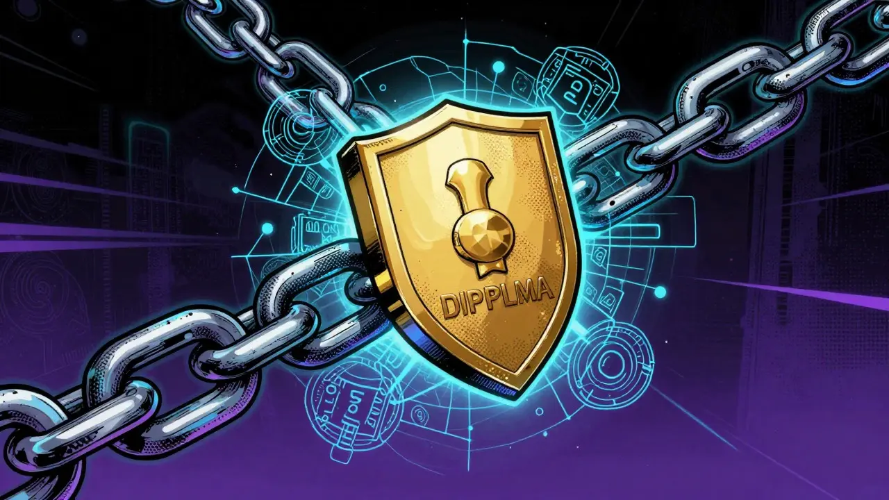Golden shield diploma secured by blockchain chains in graphic novel art