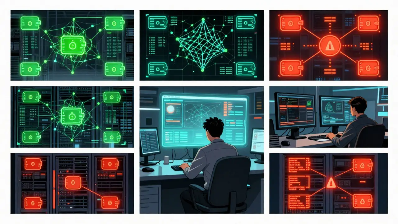 Graphic novel art of a compliance officer using automated software to screen blockchain wallets for sanctions