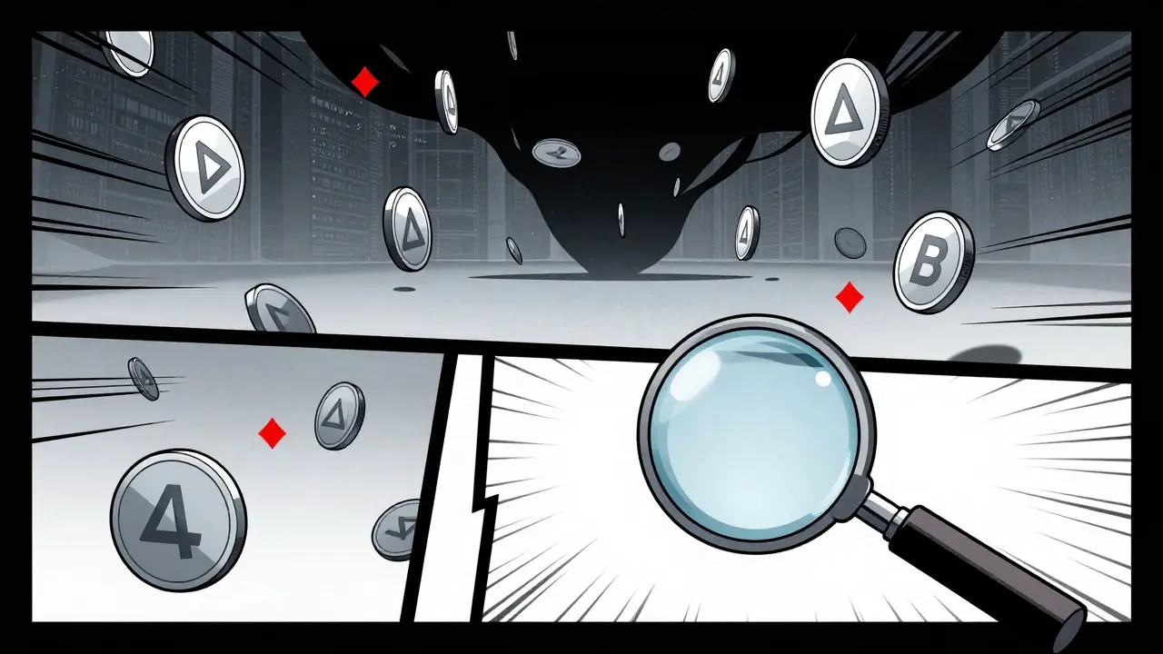 Graphic novel art of a magnifying glass inspecting a blank coin in a void