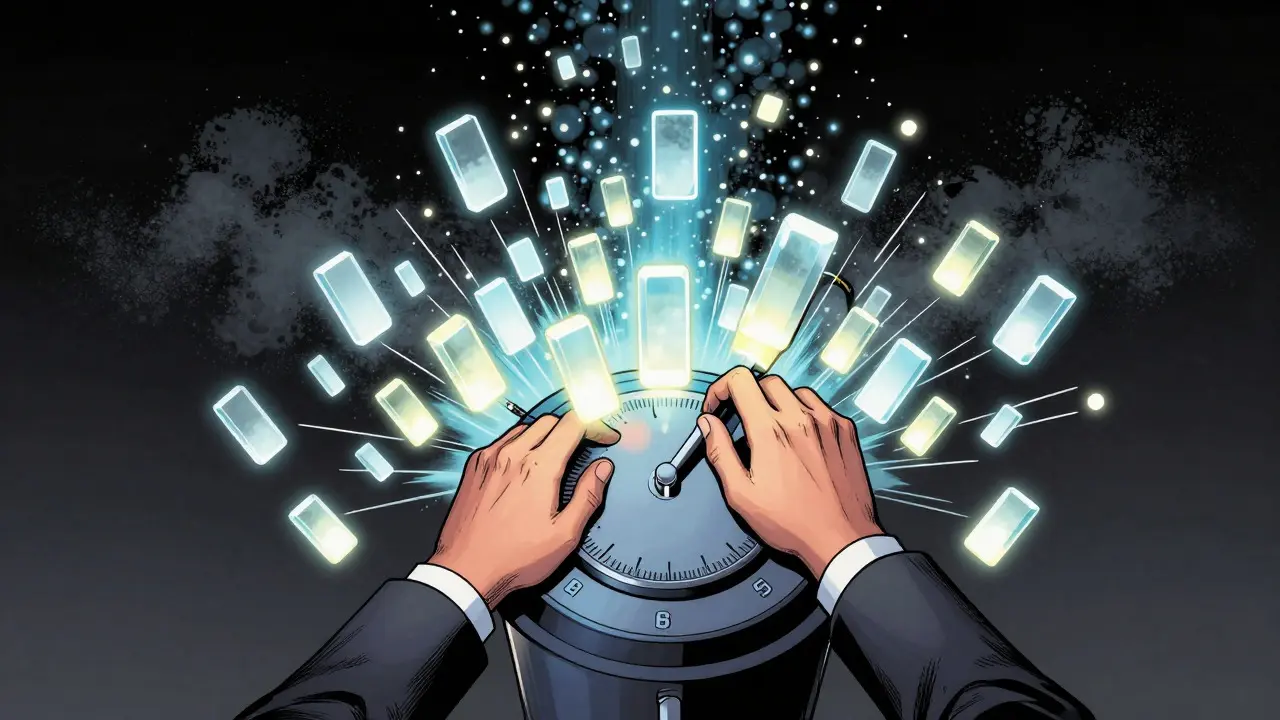 Graphic novel style art of a trader adjusting a dial to concentrate digital assets in a specific range