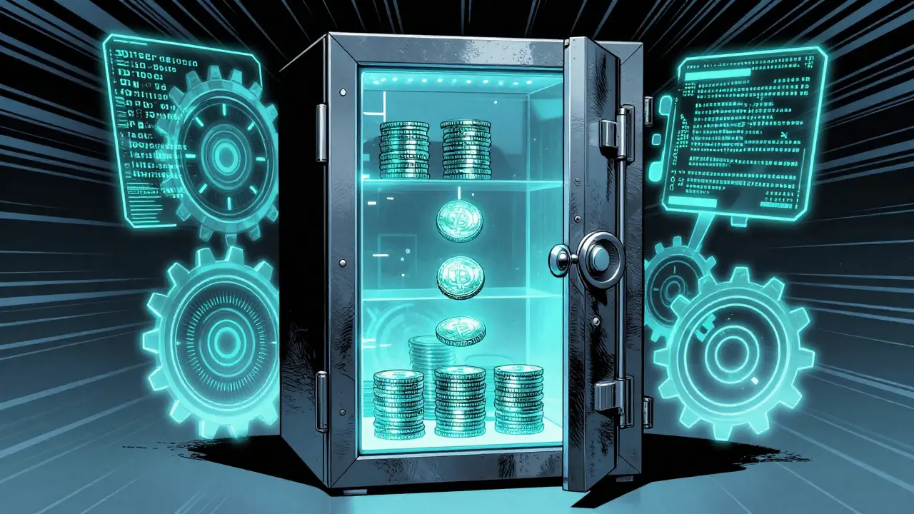 Graphic novel style digital vault gradually releasing crypto tokens via blockchain