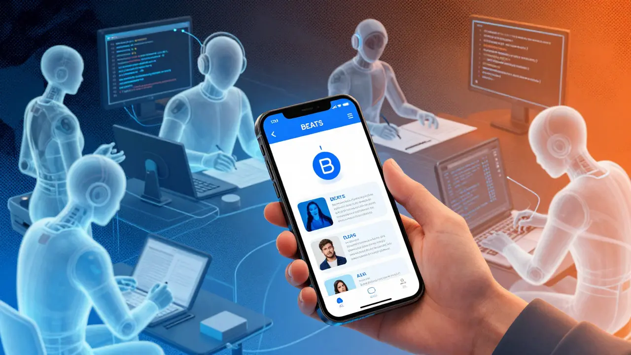 Hand using phone to trade crypto tokens for AI agent services