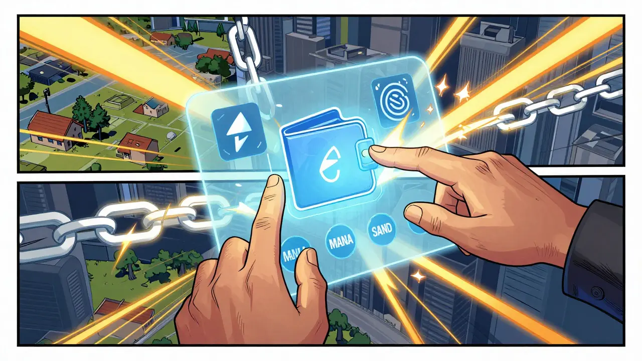 Hands managing a crypto wallet interface with digital energy effects