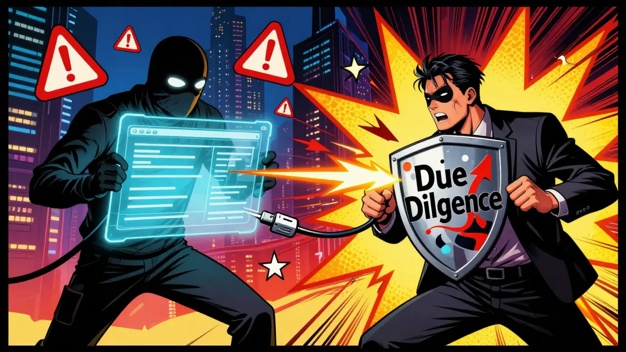 Hero blocking scam attacks with a due diligence shield in a cyberpunk city.