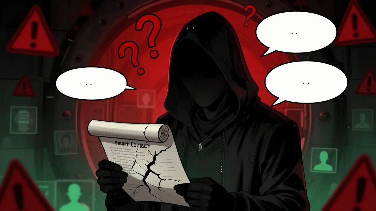 Hooded figure inspecting broken contract in dark vault