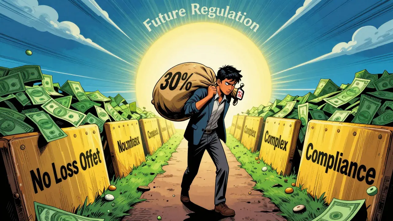 Investor carrying heavy 30% tax burden in comic book illustration