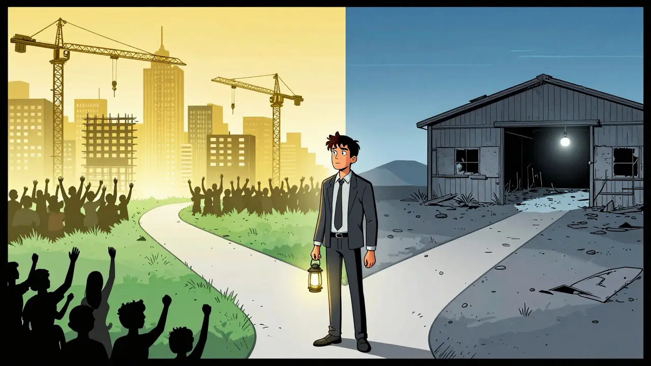Investor character at a crossroads choosing between a busy city and a quiet warehouse