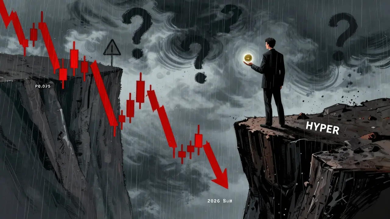 Investor facing a steep cliff of falling prices under a stormy sky in noir comic style.