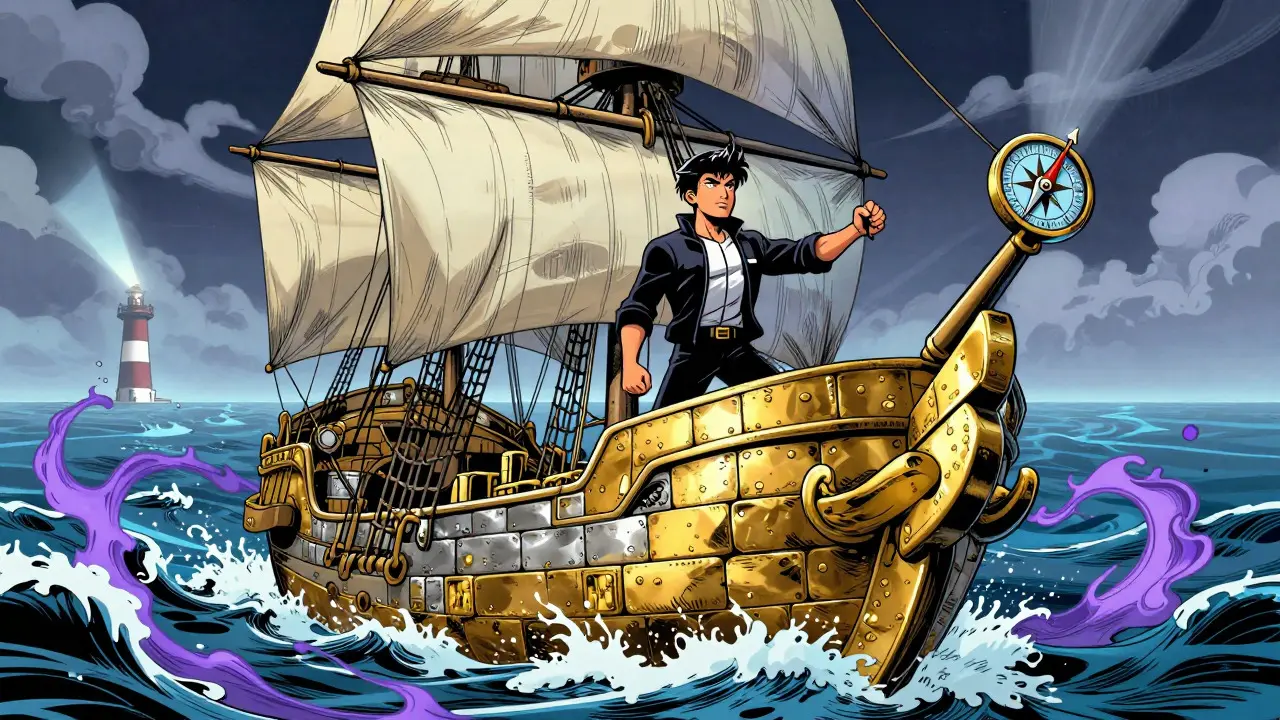 Investor steering a gold ship through a digital sea towards a guided horizon