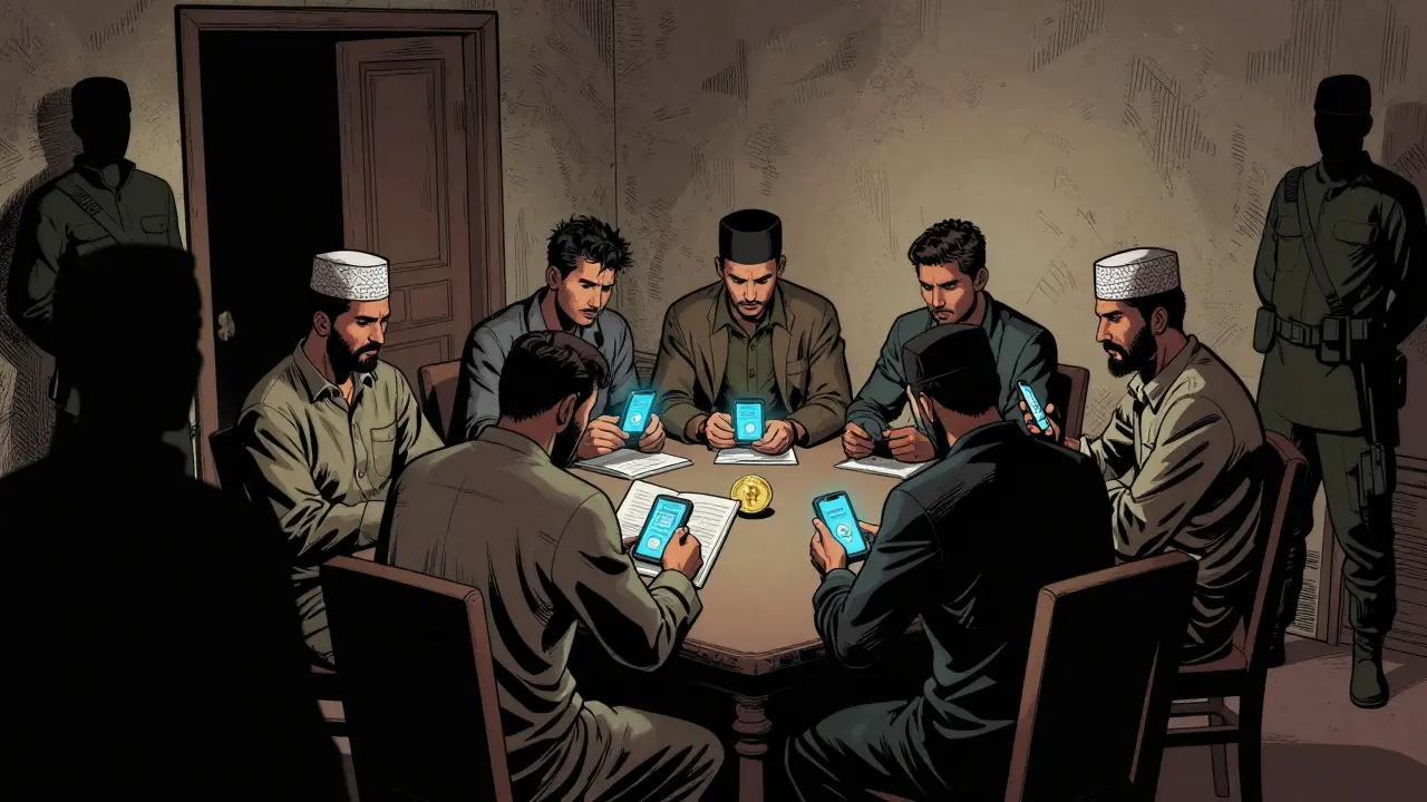 Men trading crypto secretly in shadowy room with guards
