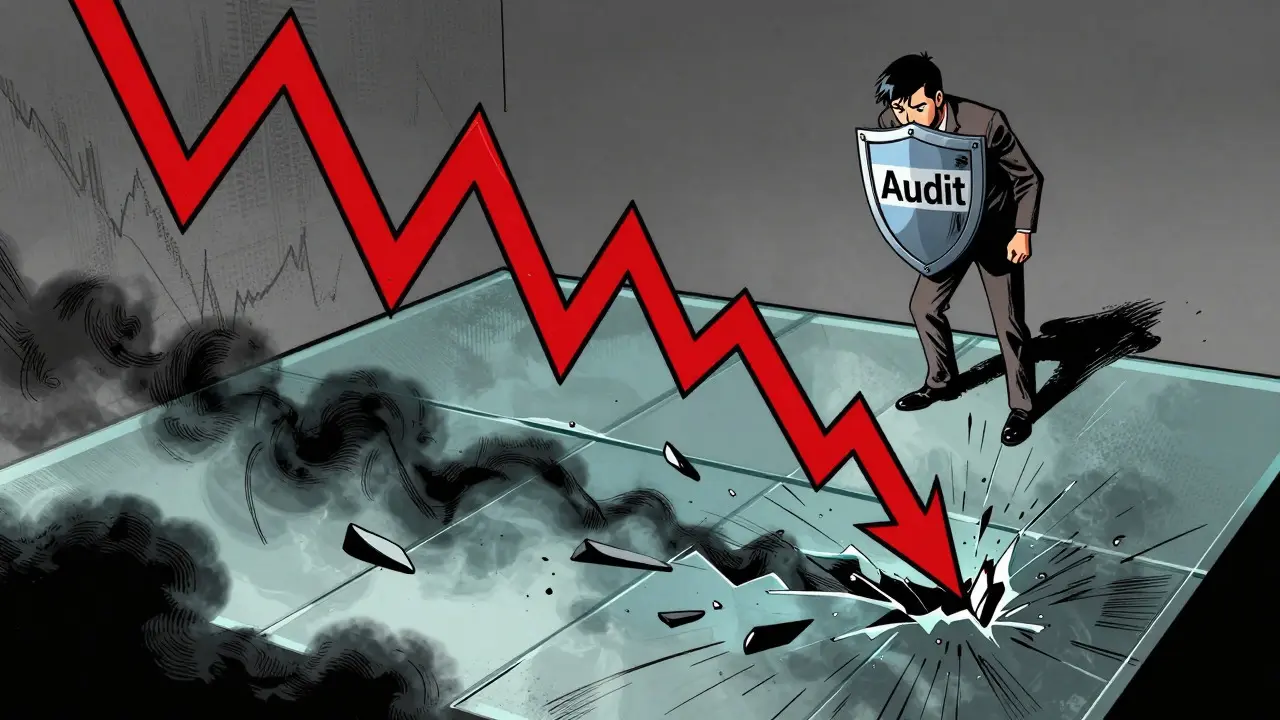 Shattered stock chart glass floor showing crypto market volatility