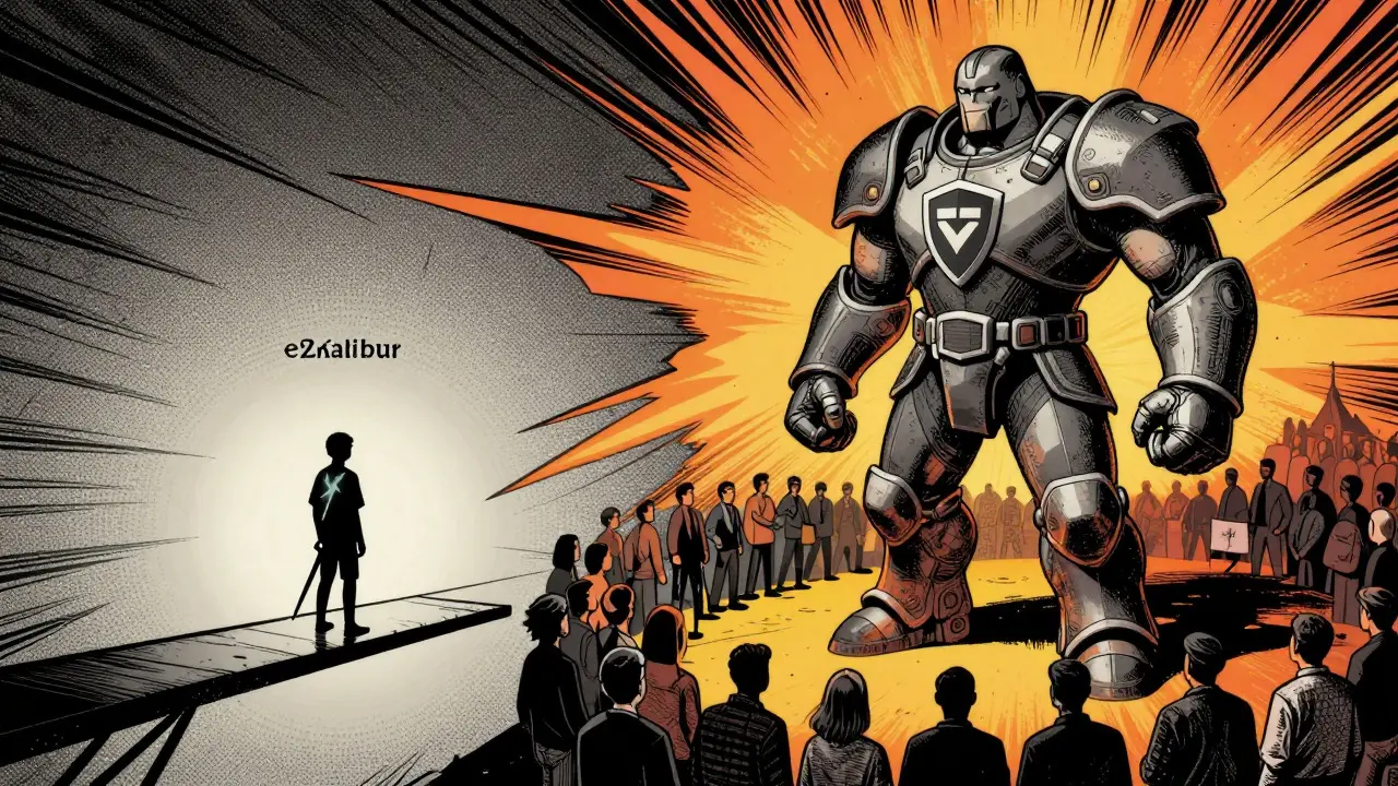 Small shadowy figure vs giant armored trader on comic stage