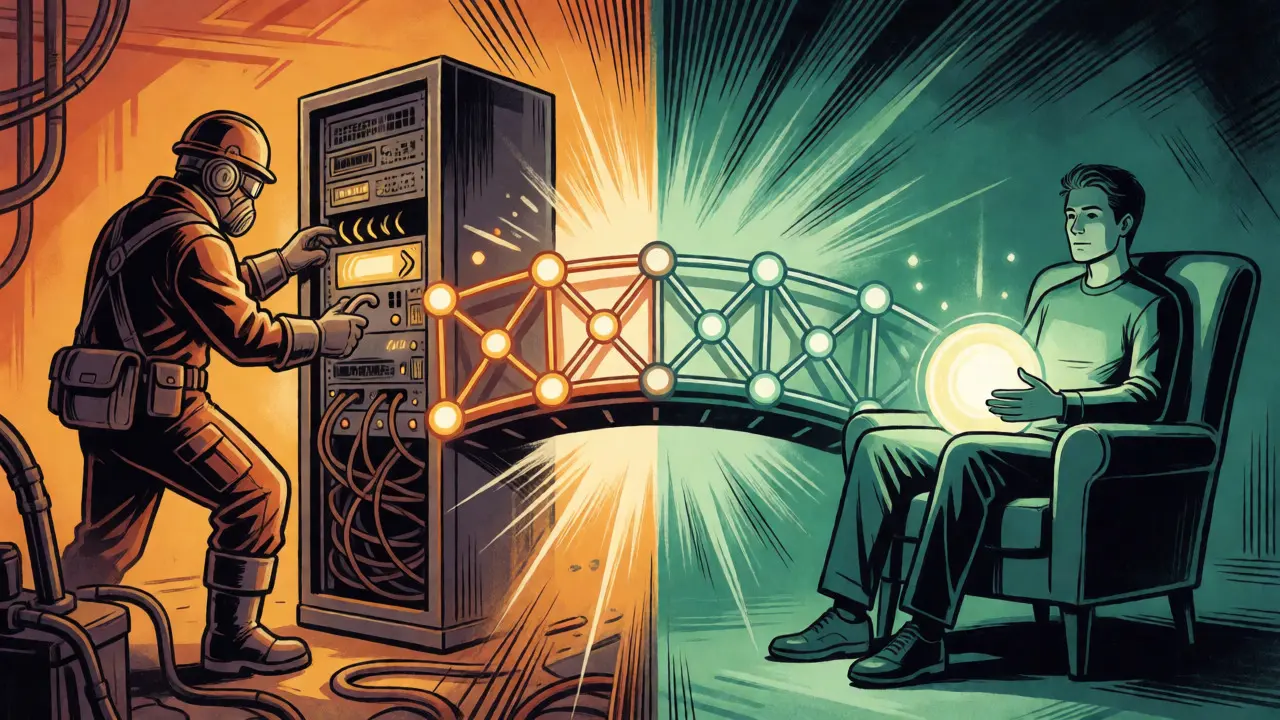 Split scene showing mining energy and staking calm connected by nodes.